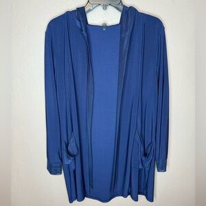 By JJ Navy Blue Duster Hooded Cardigan Size Large Flowy Pockets Long Sleeves